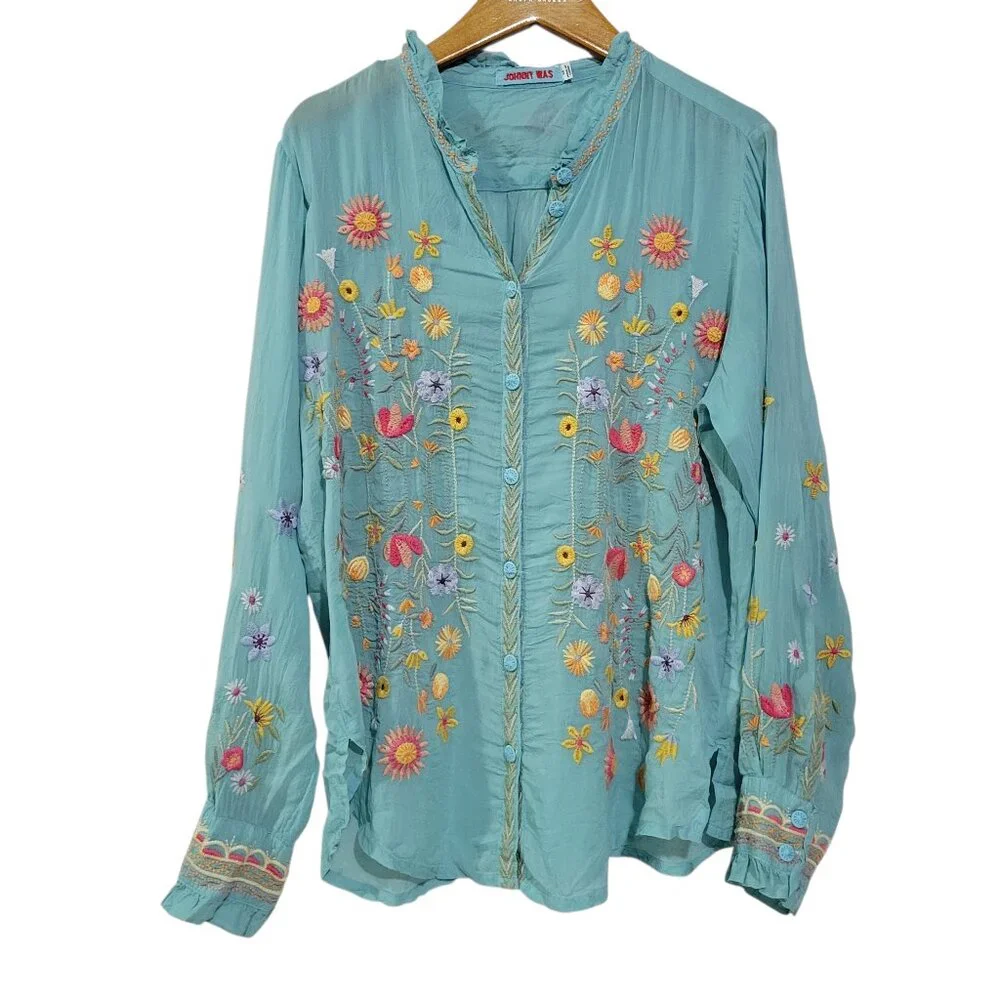 Johnny Was Women's Embroidered Blue Top - Picture 1 of 12